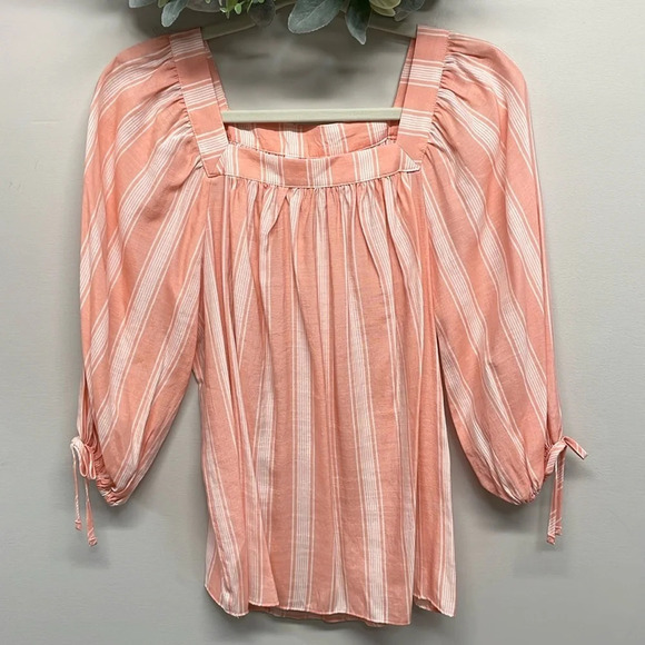 NWOT LC Lauren Conrad Peach White Striped Square Neck 3/4 Sleeve Blouse S - Picture 1 of 16